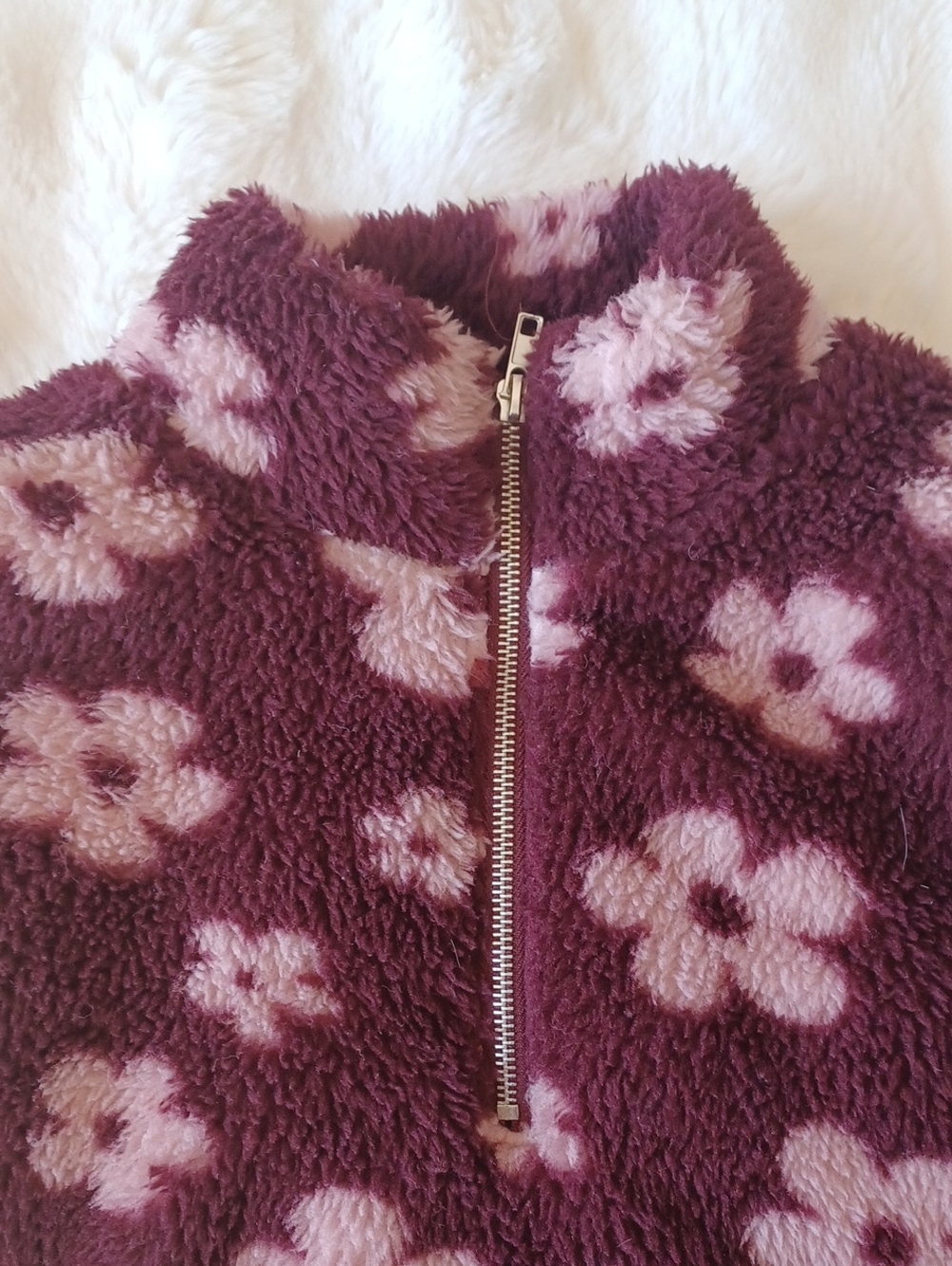 Women’s Burgundy Floral Sherpa Half-Zip Jacket - Picture 10 of 11